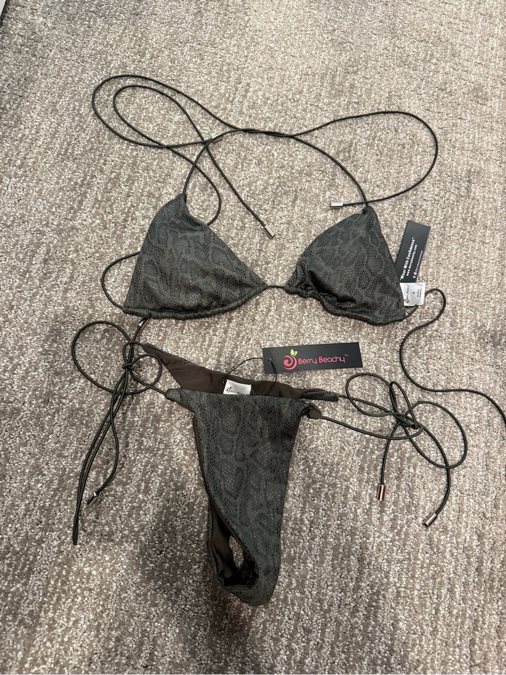 Berry Beachy Dark Green Textured Triangle String Micro Bikini